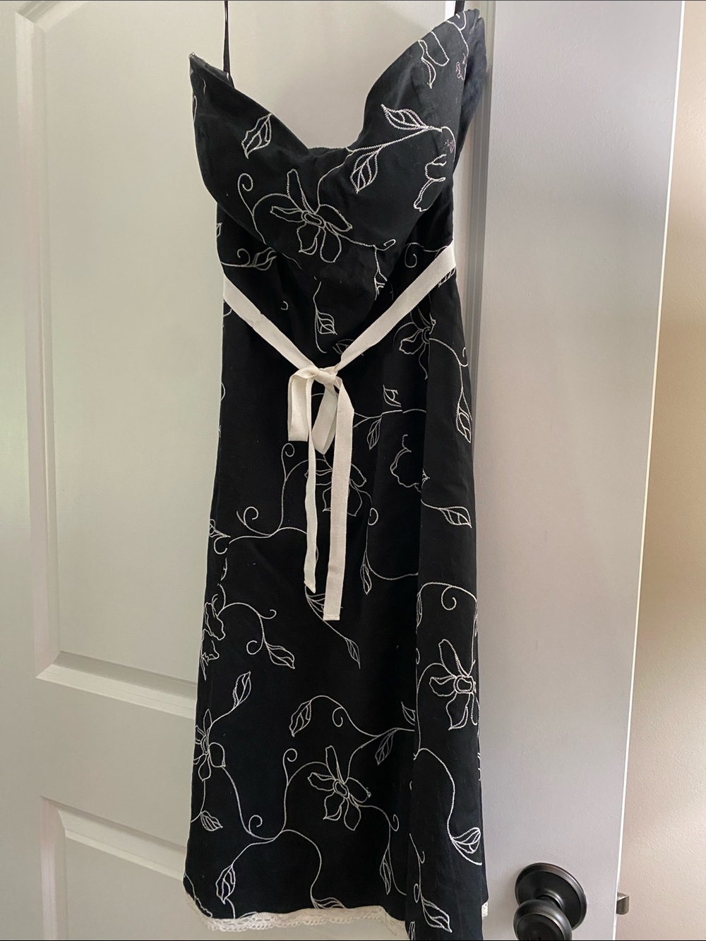 White House Black Market Black Strapless Floral Slip Dress with White Tie